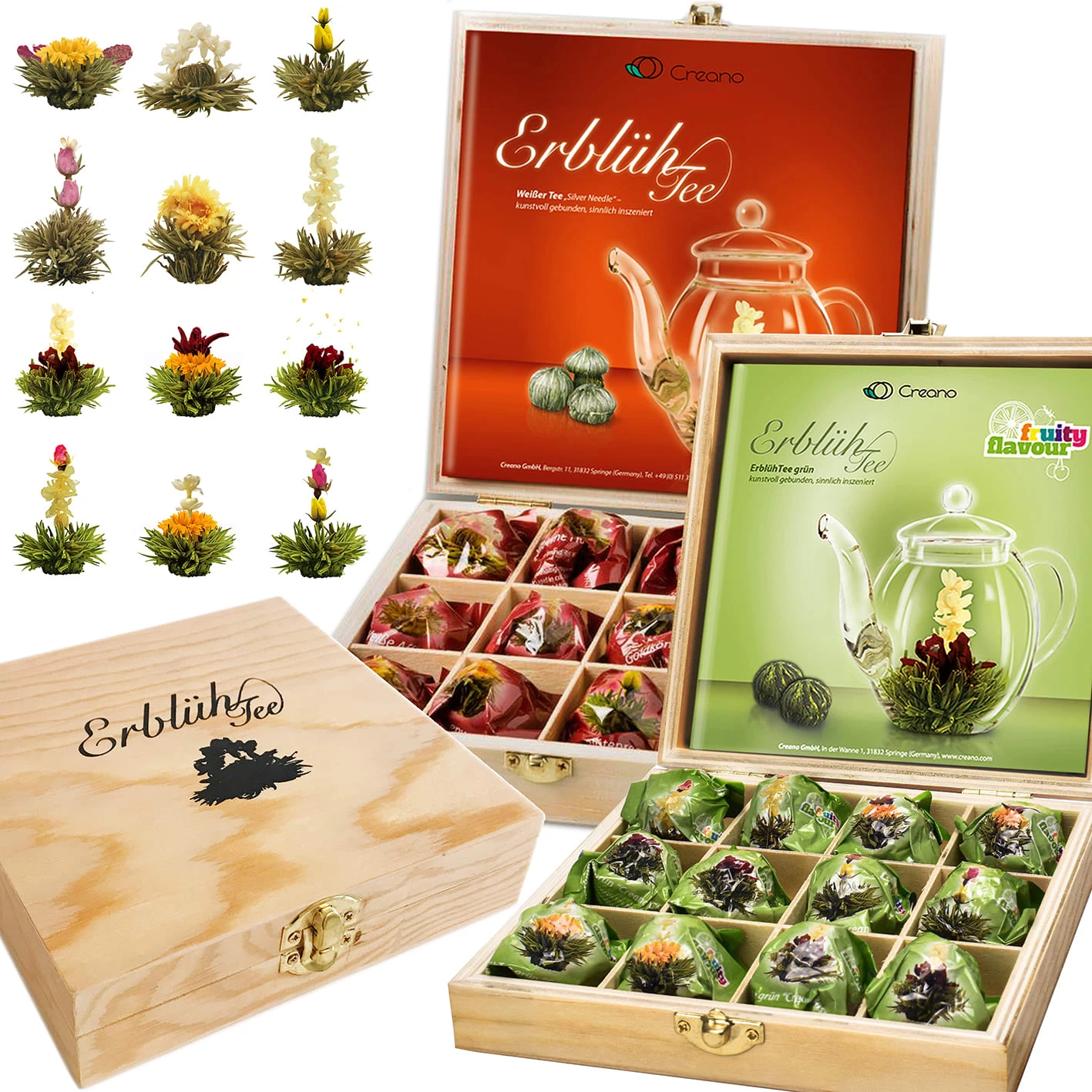 2er Set 12er Holzpräsentboxen ErblühTee Grüner Tee "Fruity Flavor" + Weißer Tee