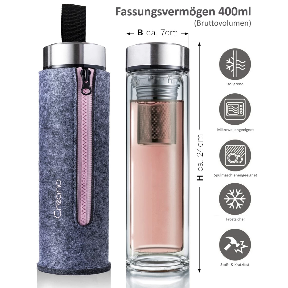 3er Set Creano "Thermo-Teamaker" (Zipper Rosa, Orange, Grün), 400ml – Bild 2