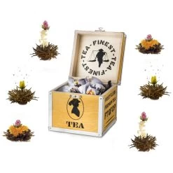 7tlg. Set: Holz-Teekiste + 6 Teeblumen "ErblühTee Schwarzer Tee"