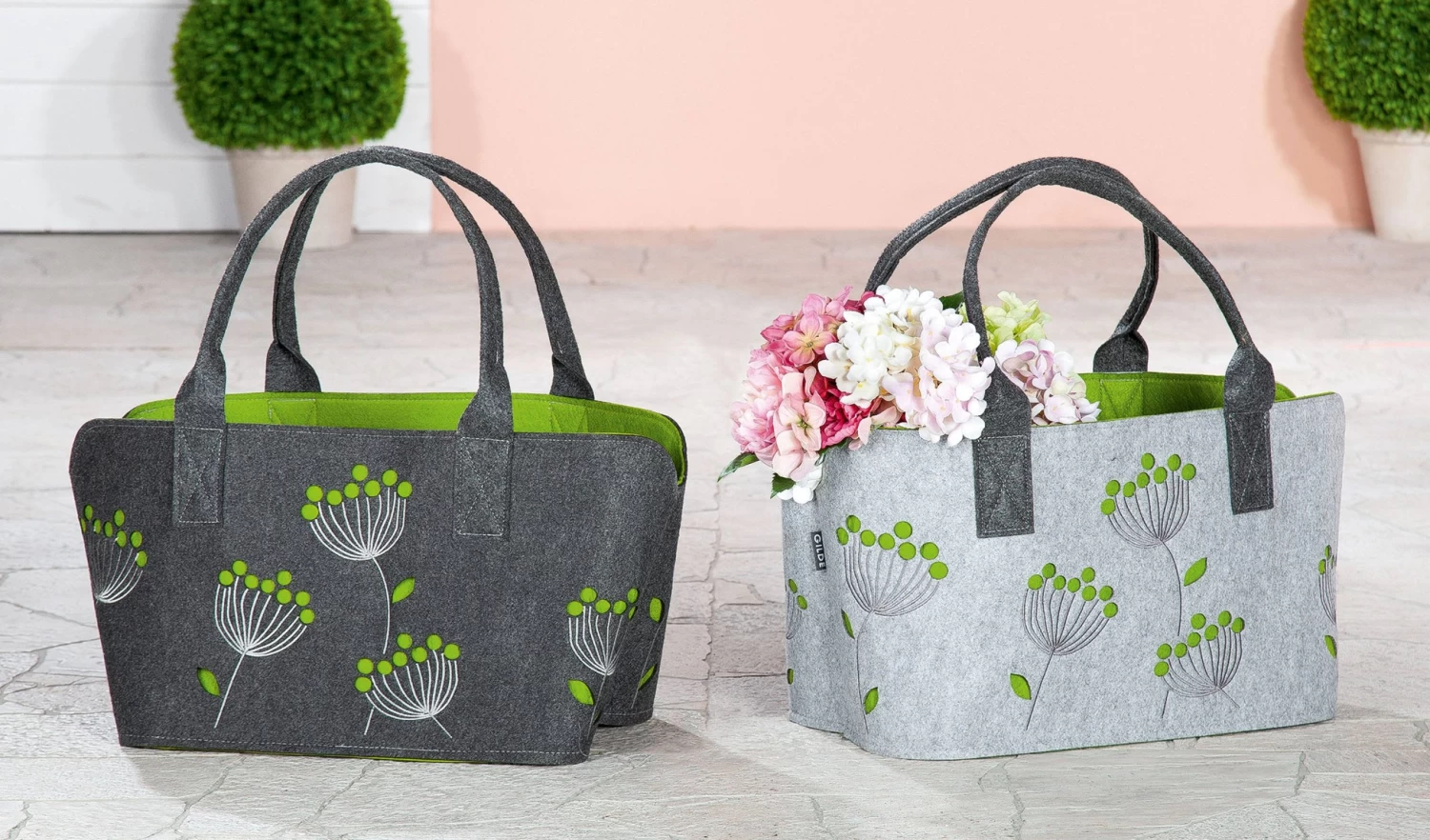 2er Set Filztasche Dillblütenmotiv In Grau & Grün – Bild 2