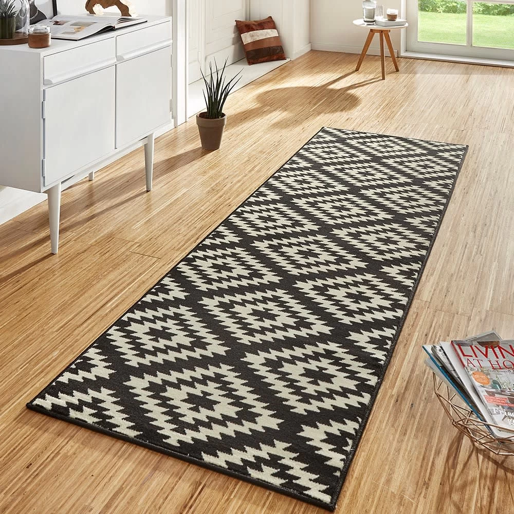 Kurzflor Teppich Läufer Nordic Schwarz Creme – Bild 2