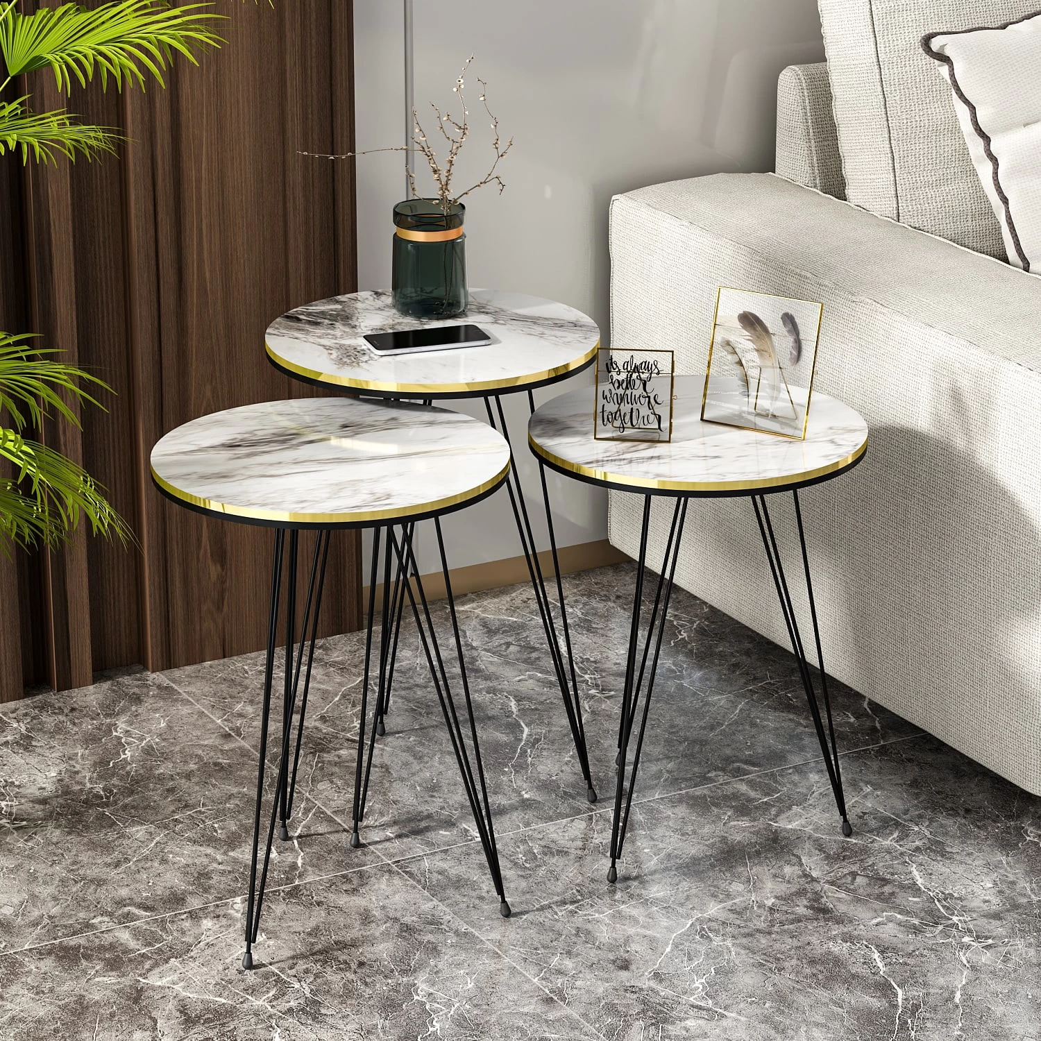 Beistelltisch 3er Set Marmoroptik Weiß 21236207 – Bild 2