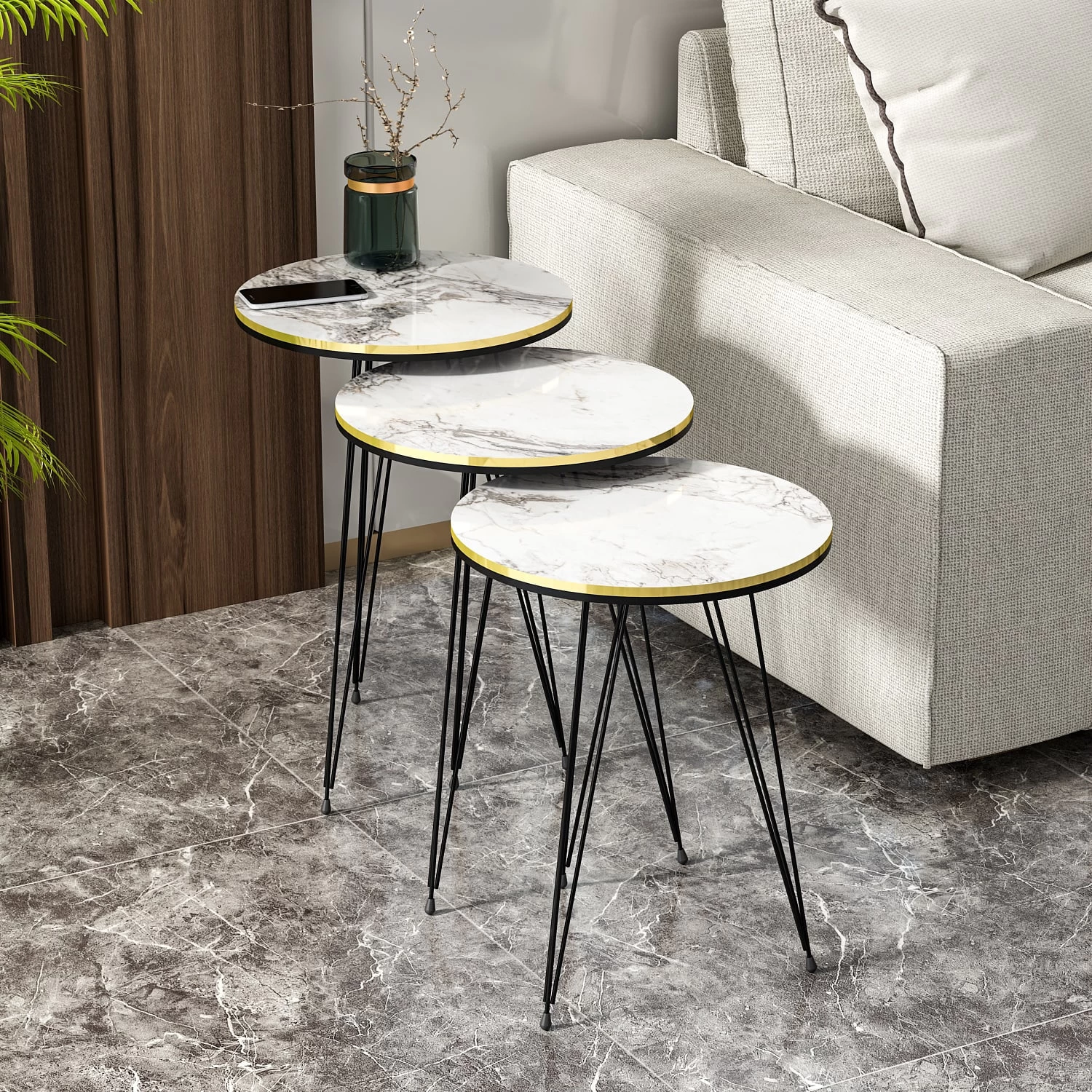 Beistelltisch 3er Set Marmoroptik Weiß 21236207 – Bild 3