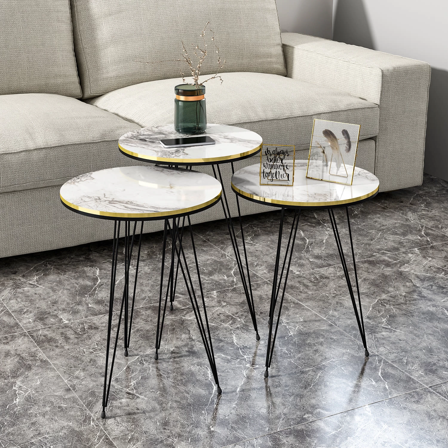 Beistelltisch 3er Set Marmoroptik Weiß 21236207 – Bild 4