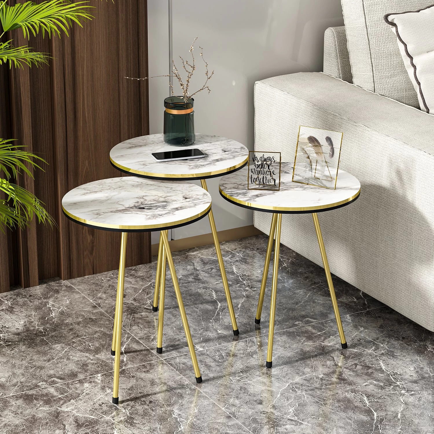 Beistelltisch 3er Set Marmoroptik Weiß 21706221 – Bild 2