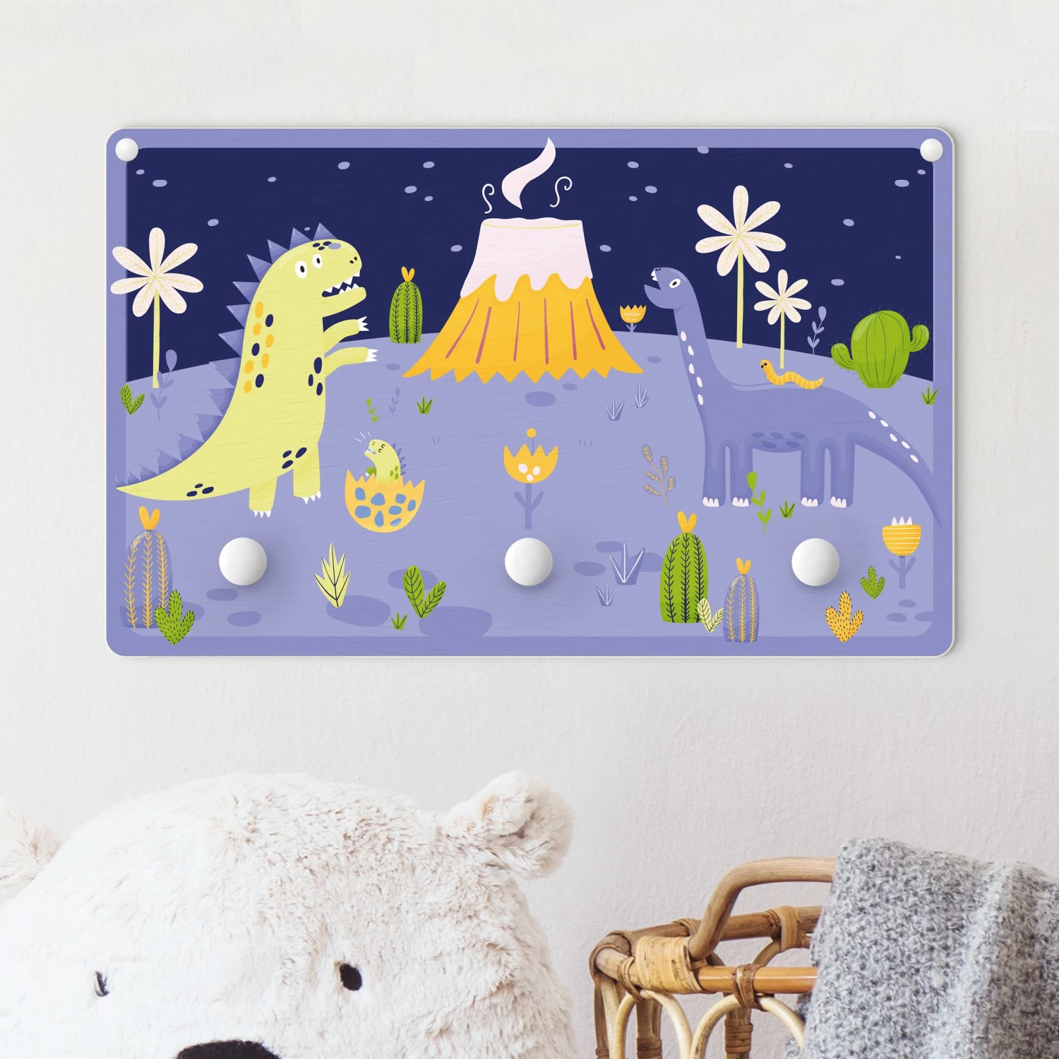 Kindergarderobe Holz - Dinosaurier - Der Vulkanausbruch In Violett – Bild 2