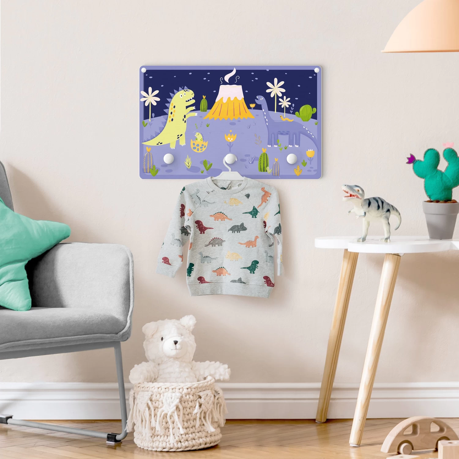 Kindergarderobe Holz - Dinosaurier - Der Vulkanausbruch In Violett – Bild 3