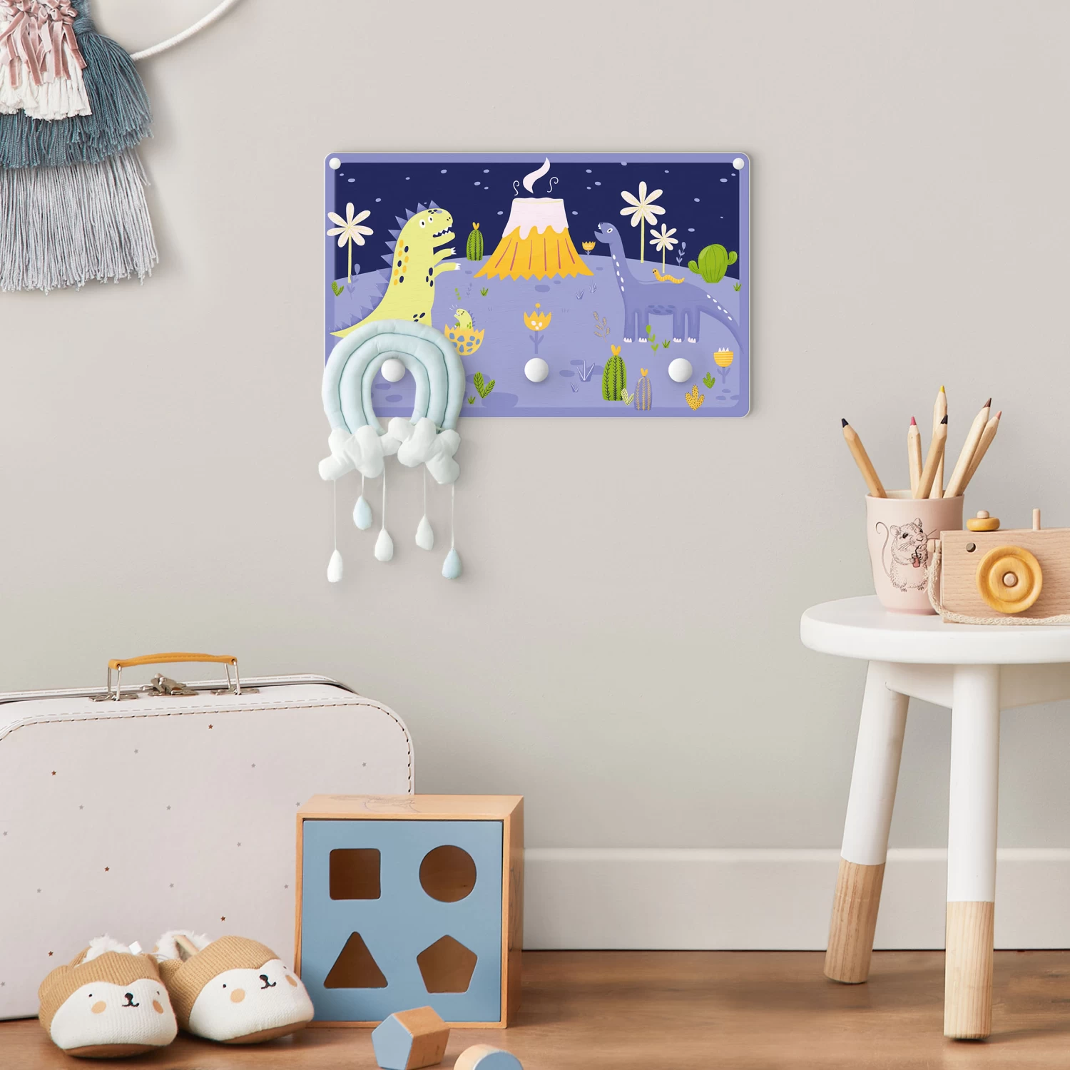Kindergarderobe Holz - Dinosaurier - Der Vulkanausbruch In Violett – Bild 4