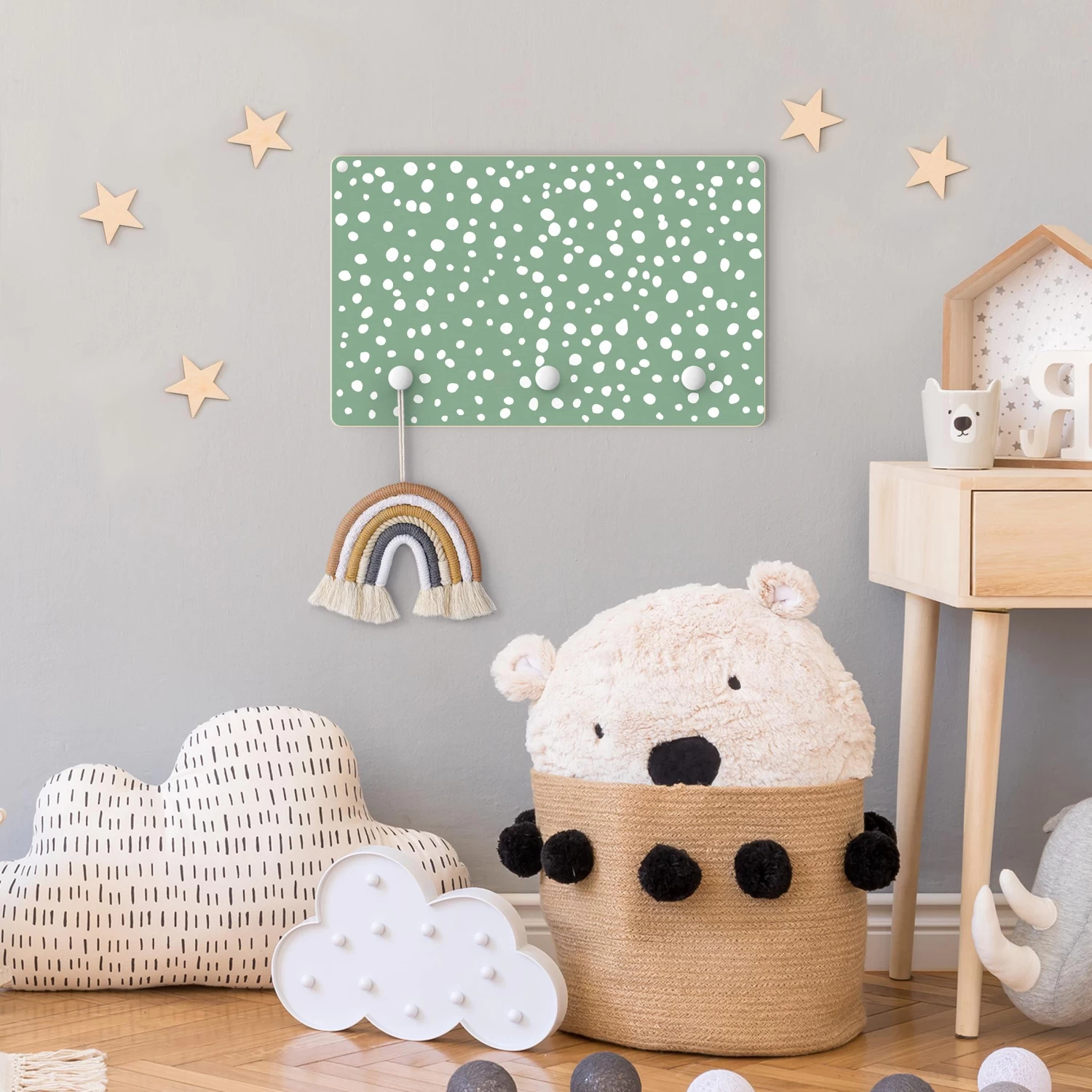 Kindergarderobe Holz - Gezeichnete Kleine Punkte Auf Moosgrün In Grün – Bild 4
