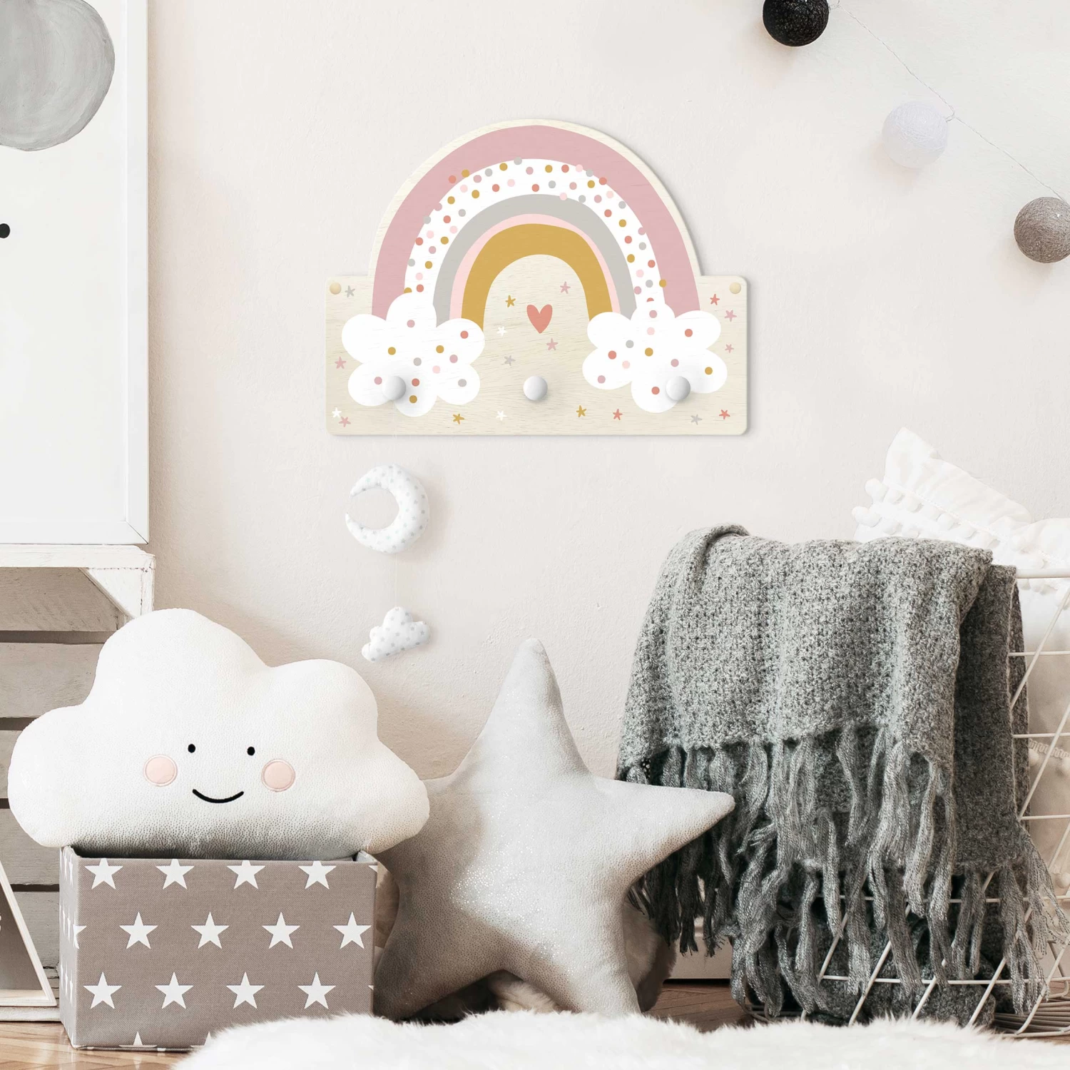 Kindergarderobe Holz - Regenbogen Mit Wolken Rosa In Rosa – Bild 3