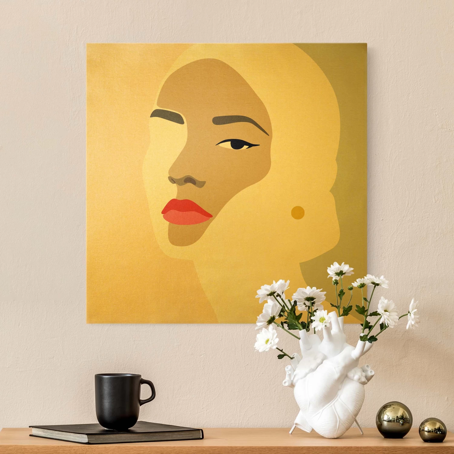 Leinwandbild Gold - Line Art Portrait Frau Pastell Grau In Creme-Beige – Bild 2