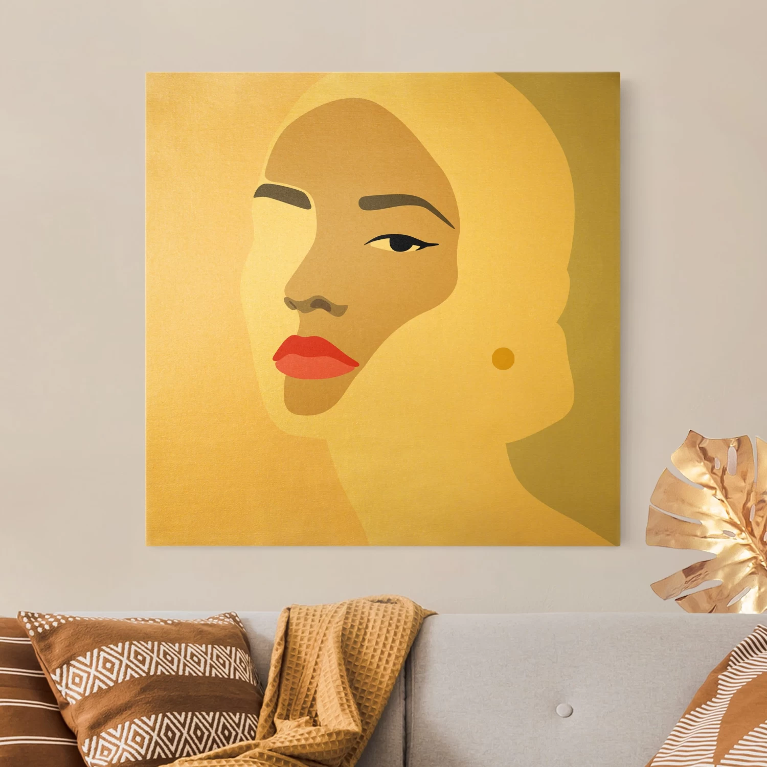 Leinwandbild Gold - Line Art Portrait Frau Pastell Grau In Creme-Beige – Bild 3