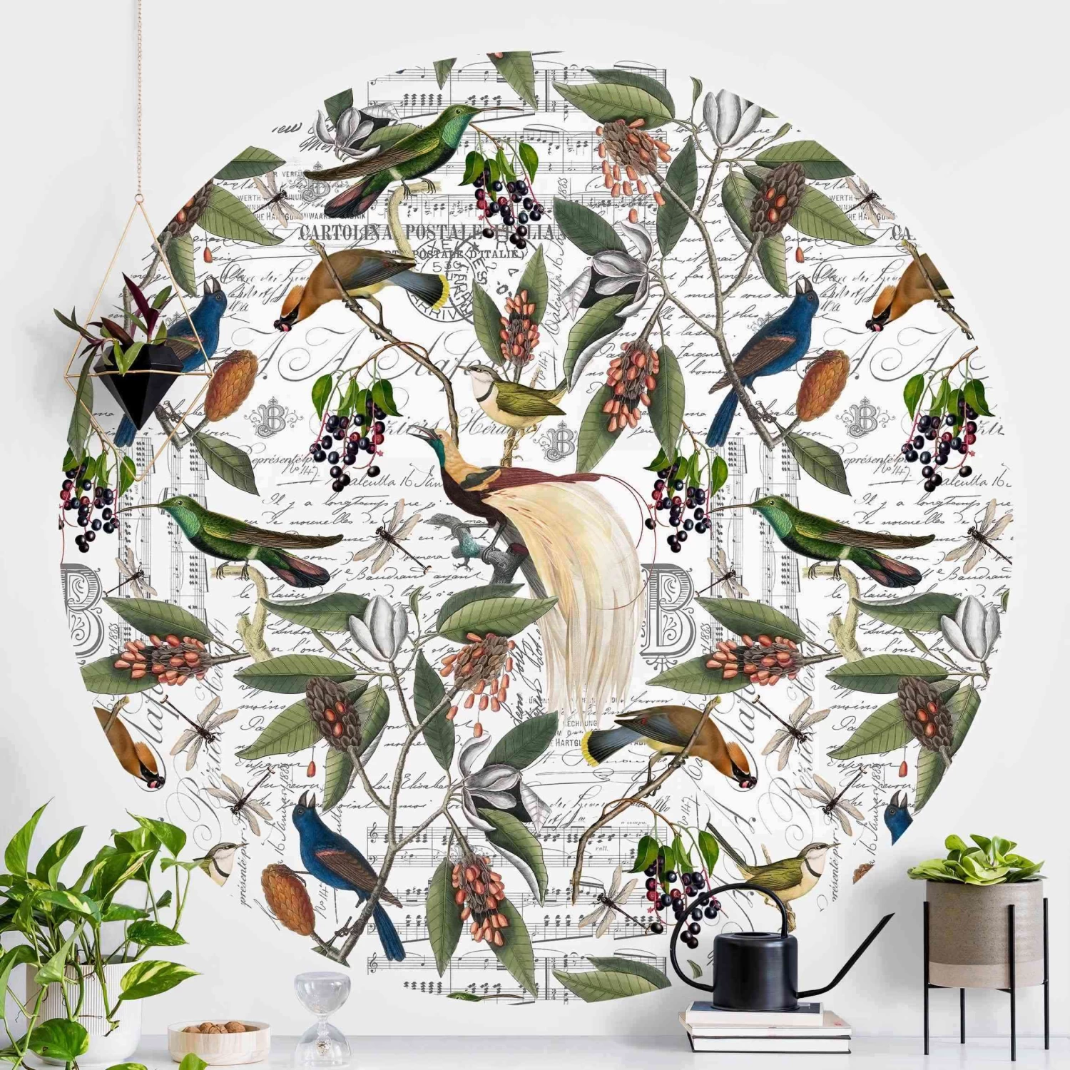 Runde Tapete - Nostalgischer Beerenblues Mit Paradiesvögeln In Bunt – Bild 2