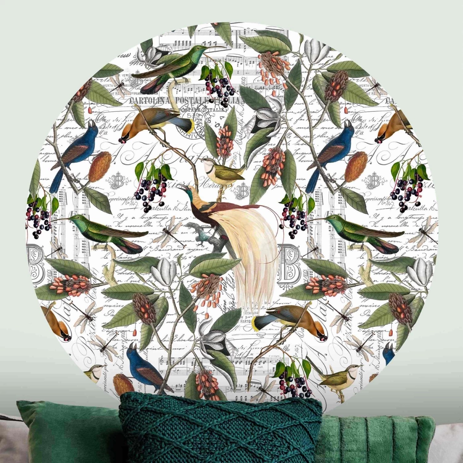 Runde Tapete - Nostalgischer Beerenblues Mit Paradiesvögeln In Bunt – Bild 3