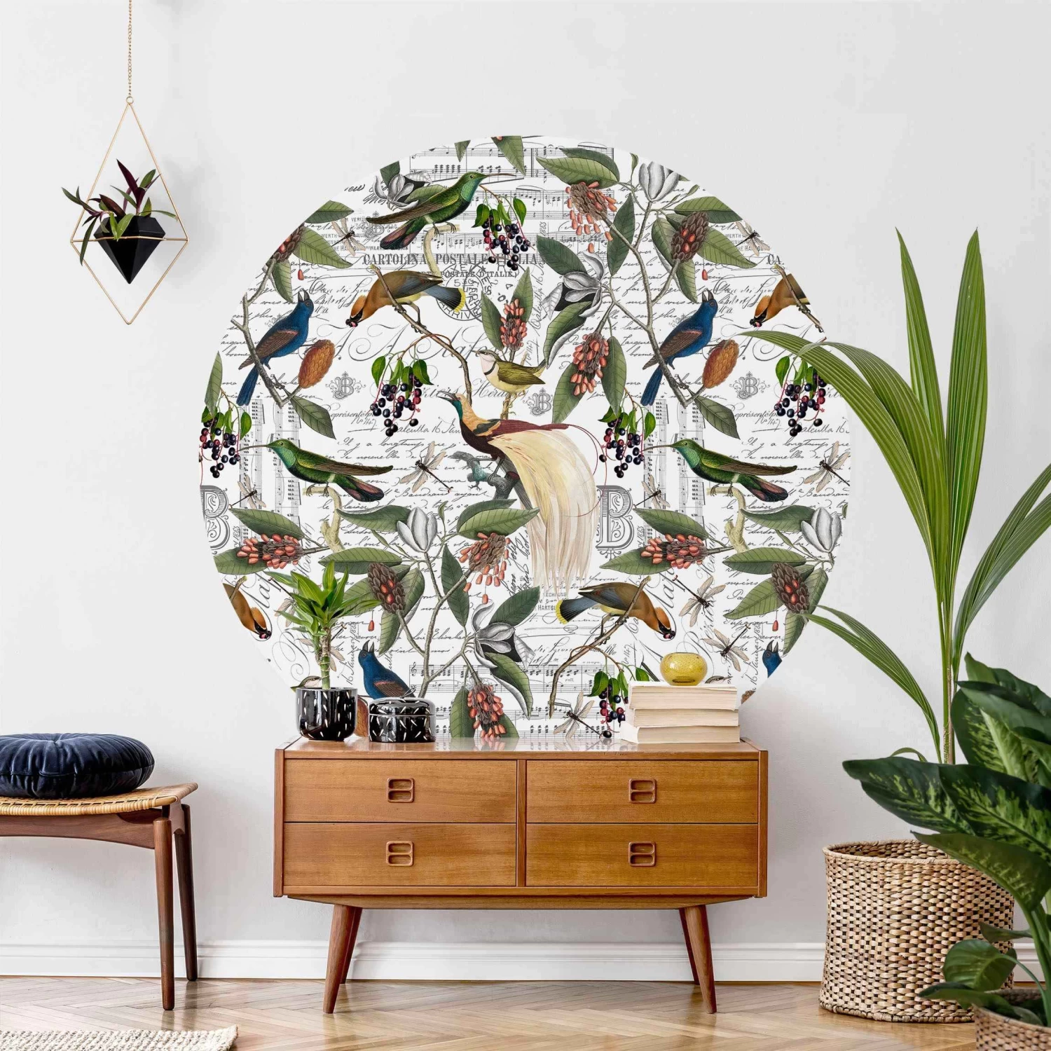 Runde Tapete - Nostalgischer Beerenblues Mit Paradiesvögeln In Bunt – Bild 4