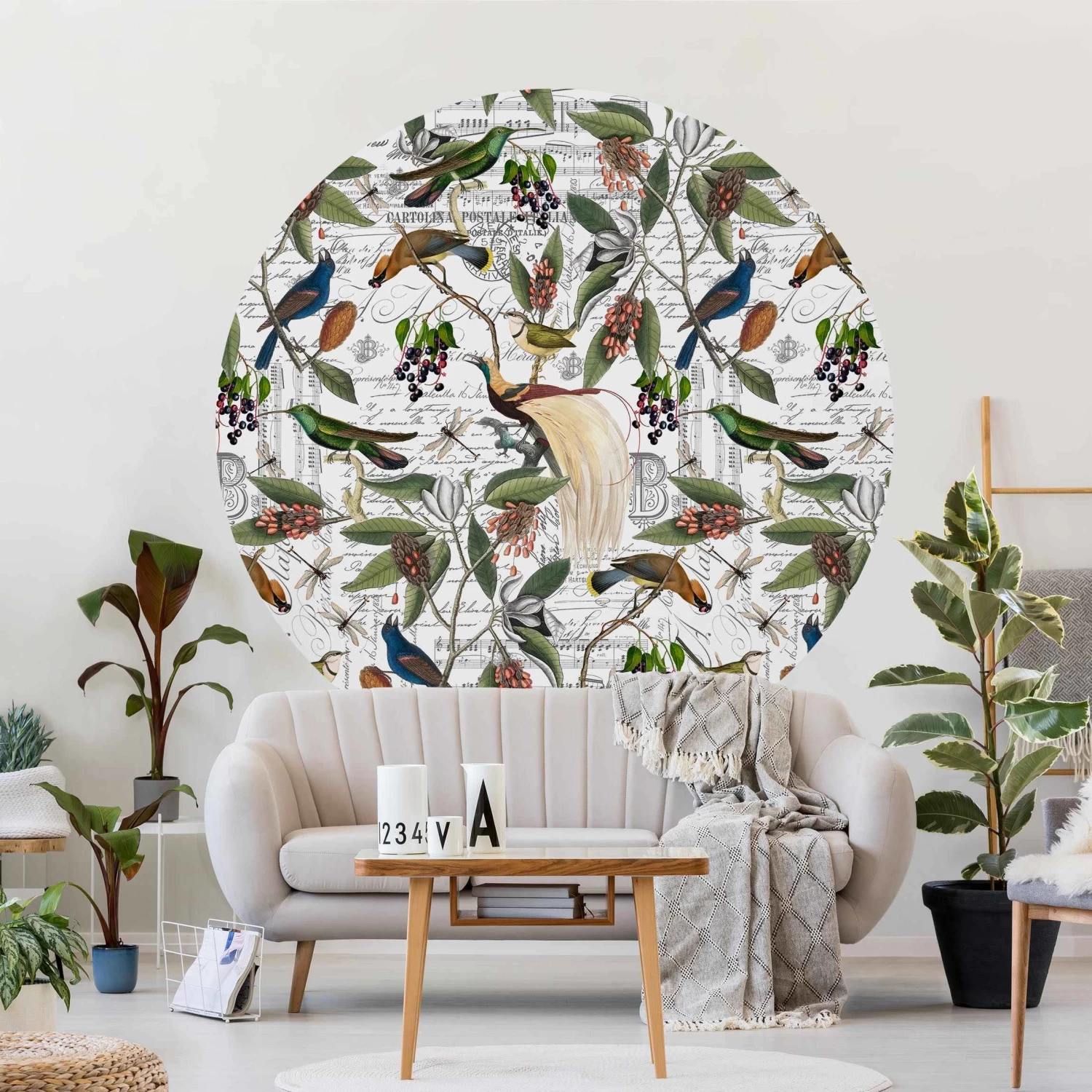 Runde Tapete - Nostalgischer Beerenblues Mit Paradiesvögeln In Bunt – Bild 5