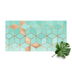 Vinyl-Teppich - Türkis Weiß Goldene Geometrie In Türkis