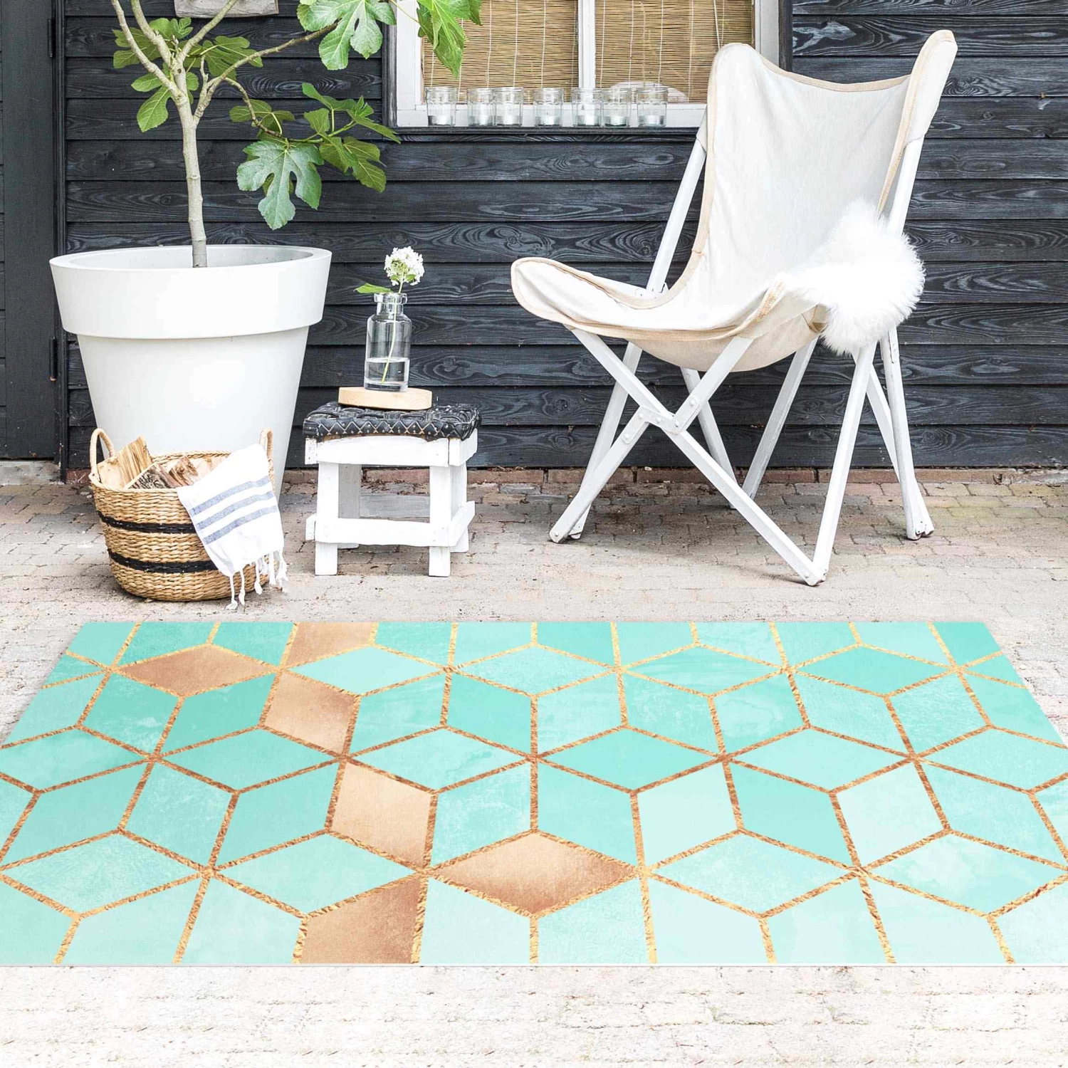 Vinyl-Teppich - Türkis Weiß Goldene Geometrie In Türkis – Bild 4