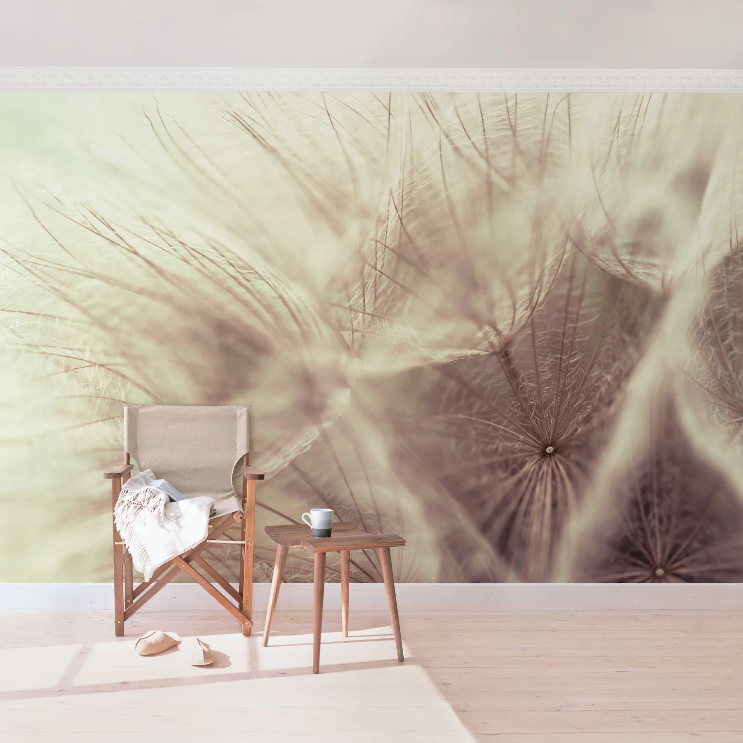 Vliestapete Premium - Detailreiche Pusteblumen Makro Vintage In Beige – Bild 5