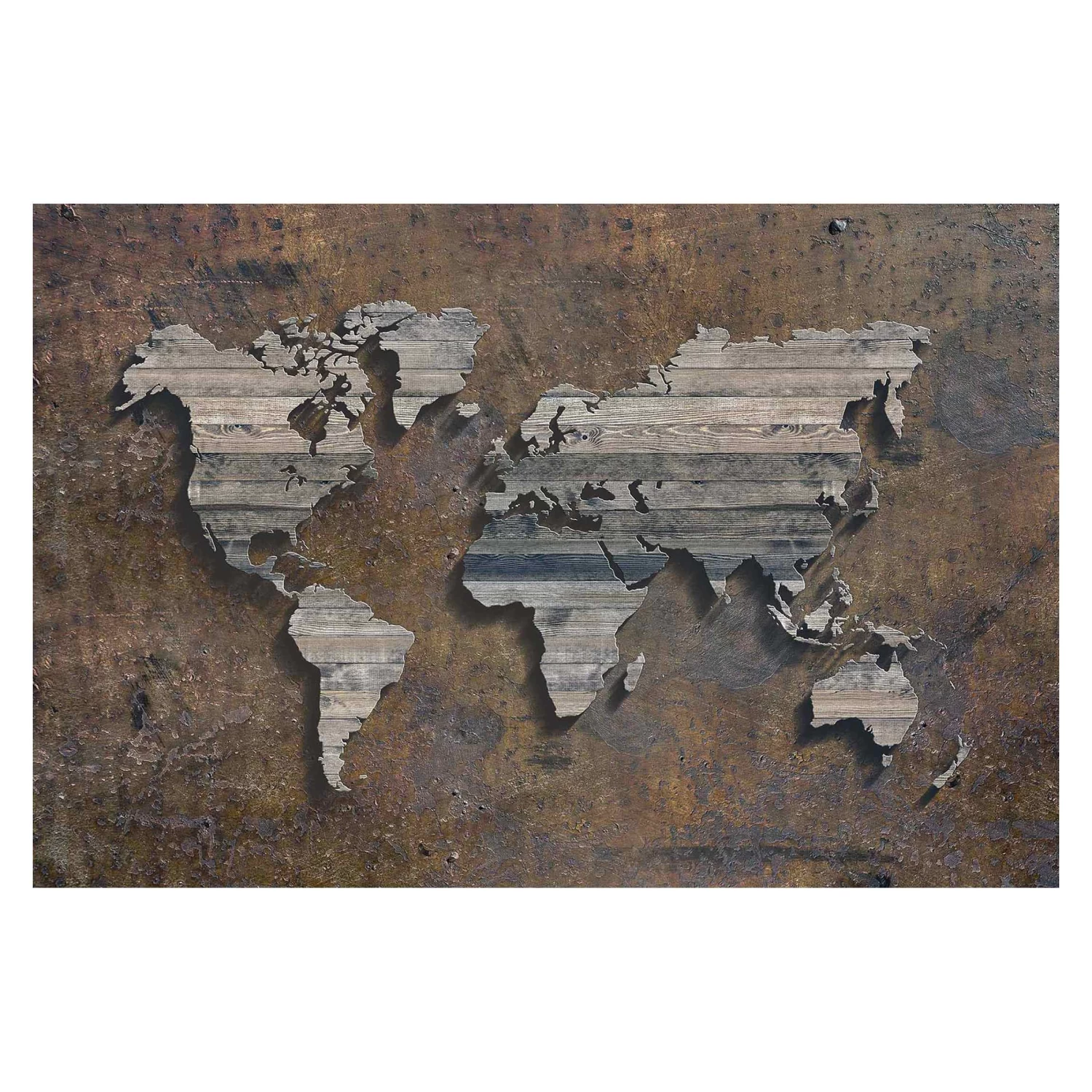 Vliestapete Smart - Holz Rost Weltkarte In Braun